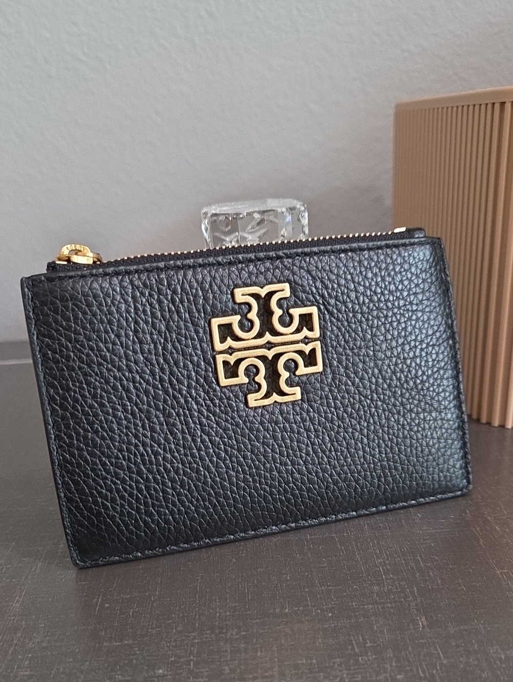 Tory Burch Black Pebbled Leather Zip Card Case with Gold Logo